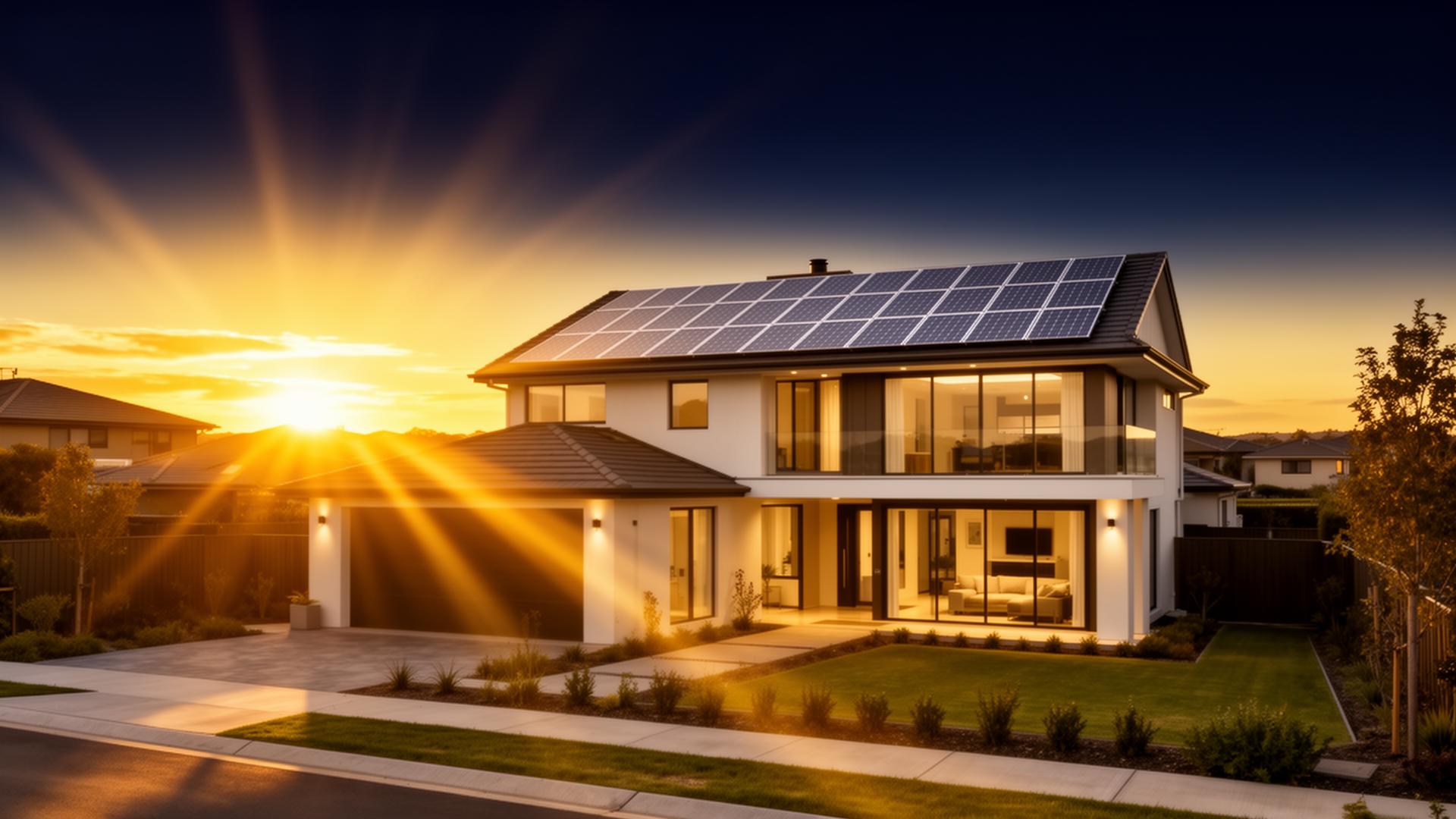 Modern home with rooftop solar panels at sunset